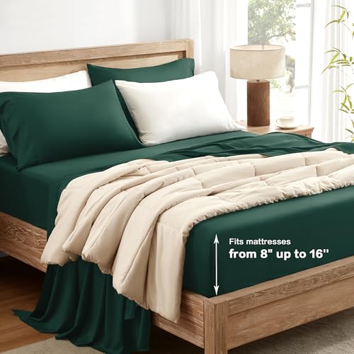 Queen Sheets Set, Cooling Bamboo Bedding, Deep Pocket, Dark Green K7