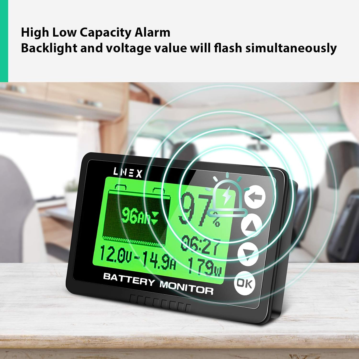 Portable Battery Monitor with Shunt, 500A, 10V-120V, Alarm, 26ft Wire k7