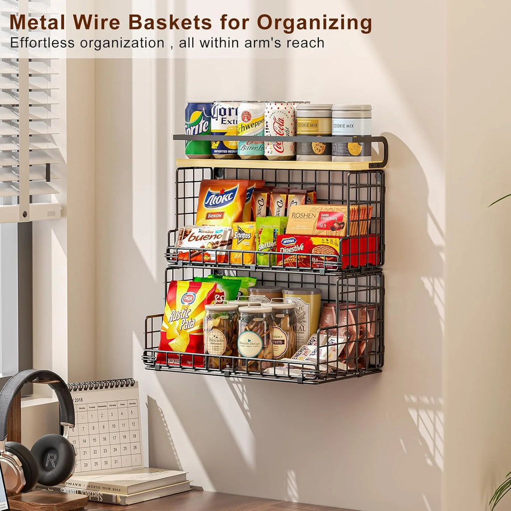 Tiered Snack Organizer with Wood Top, Metal Basket a7