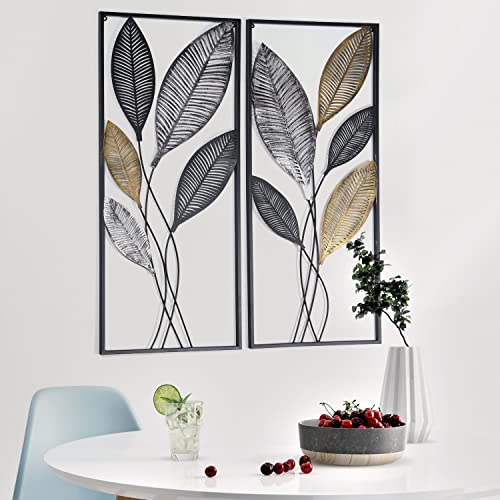 Metal Wall Art Set of 2 Leaf Decor 14x35in K7m