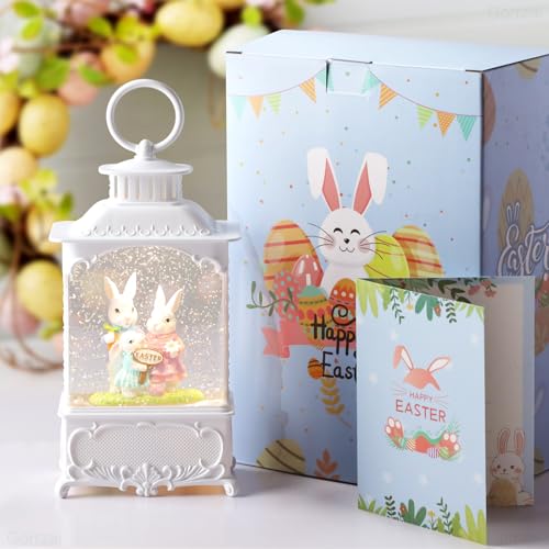 Easter Snow Globe Lantern with Timer Swirling Glitter, Indoor Decor A7