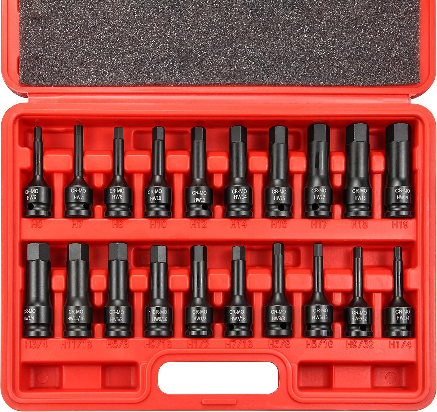 C&T 20 Piece 1/2 Drive Master Impact Hex Driver Set, SAE Metric Hex Head Impact Driver Bit Set 1/4 - 3/4, 6mm - 19mm, Cr-Mo Steel Drive Allen Bit Socket Set with Dual Size Markings and Storage Case