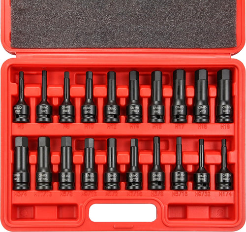C&T 20 Piece 1/2 Drive Master Impact Hex Driver Set, SAE Metric Hex Head Impact Driver Bit Set 1/4 - 3/4, 6mm - 19mm, Cr-Mo Steel Drive Allen Bit Socket Set with Dual Size Markings and Storage Case