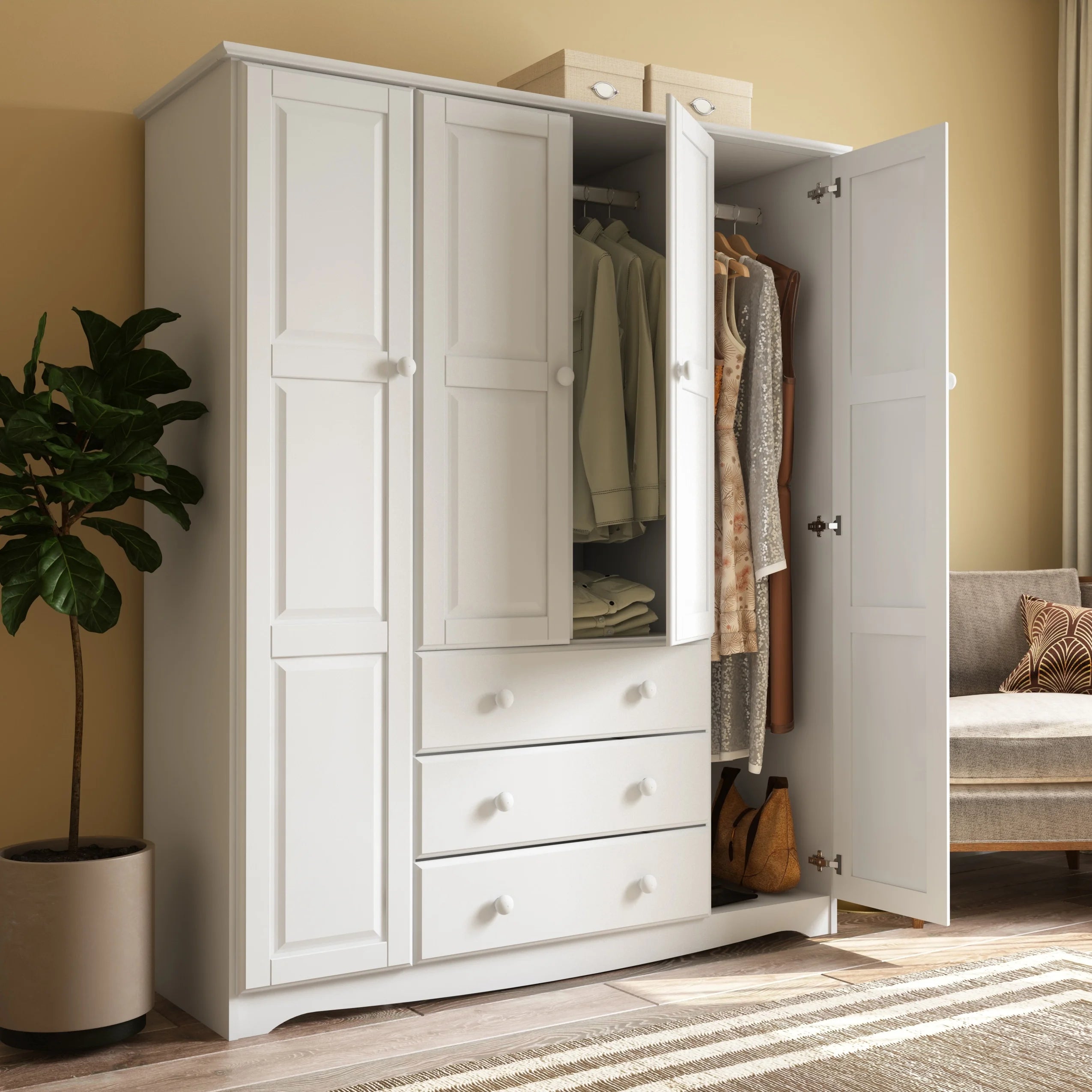 Solid Wood 4-Door Wardrobe Armoire White Metal Knobs k7