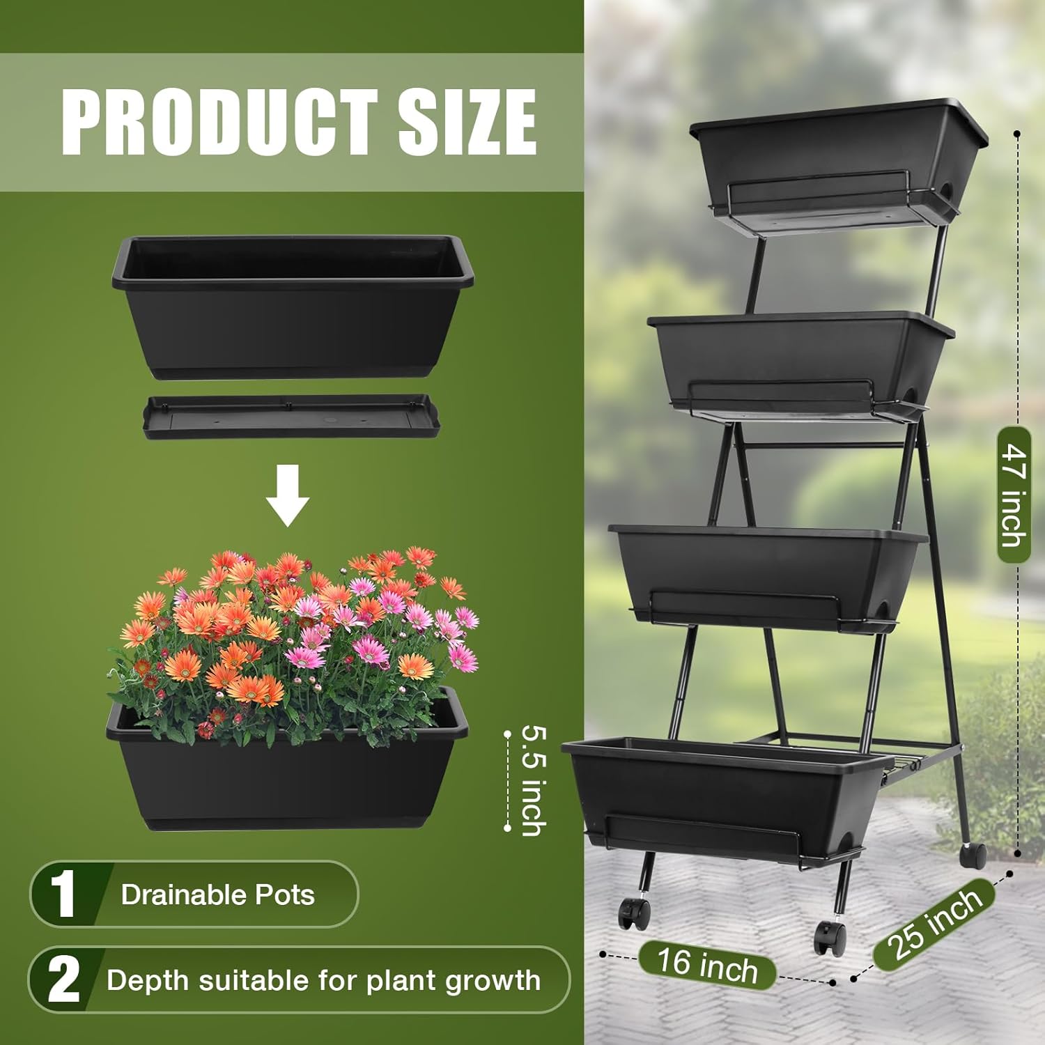 4 Tier Vertical Raised Garden Bed with Wheels and Drainage Holes k7