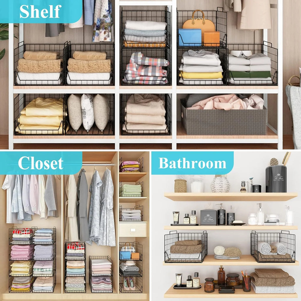 Stackable Closet Organizers 4 Pack, Metal Storage Bins, Black A7