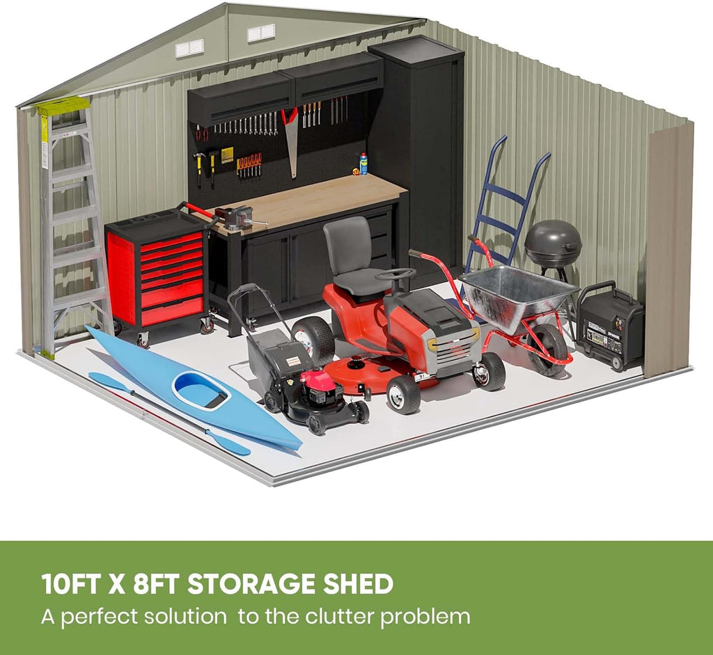 10 x 8 FT Outdoor Storage Shed, Metal Garden Tool Shed with Sloping Roof a7