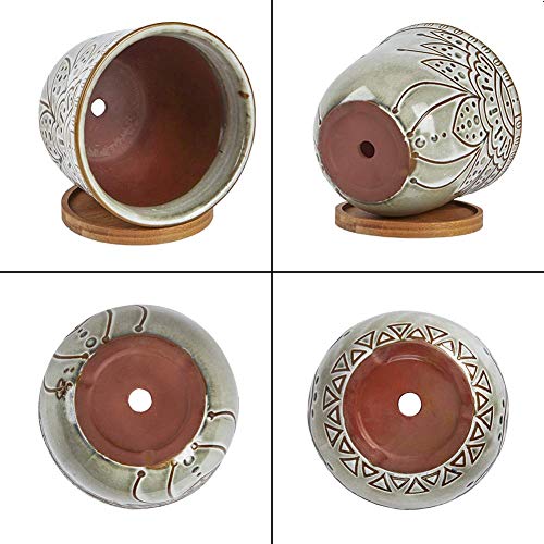 Retro Ceramic Planter Pot with Bamboo Tray, Set of 2 k7