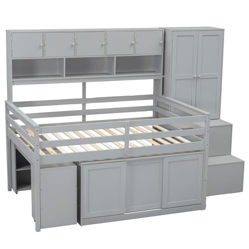 Solid Wood Twin Loft Bed with Storage Staircase and Desk 7k