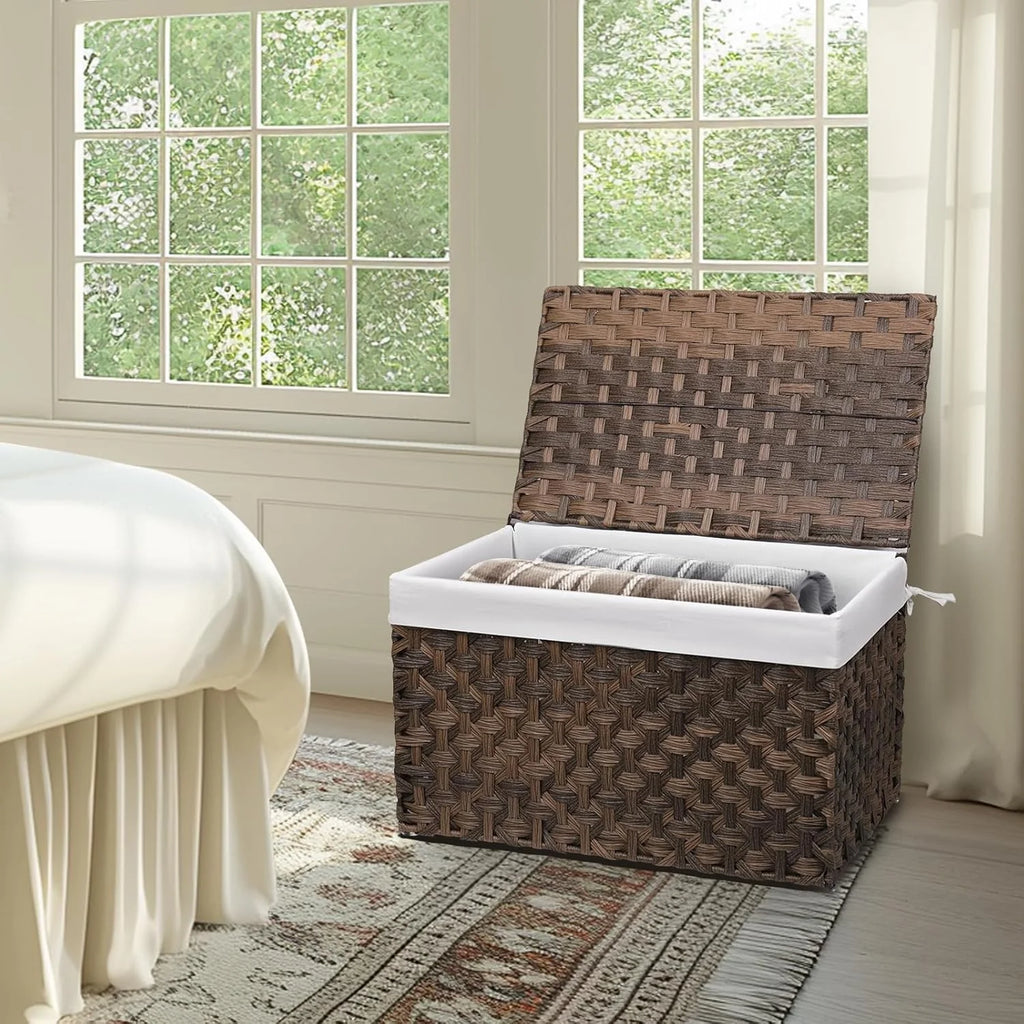 Wicker Storage Basket with Lid, 105L, Foldable, Brown K7m