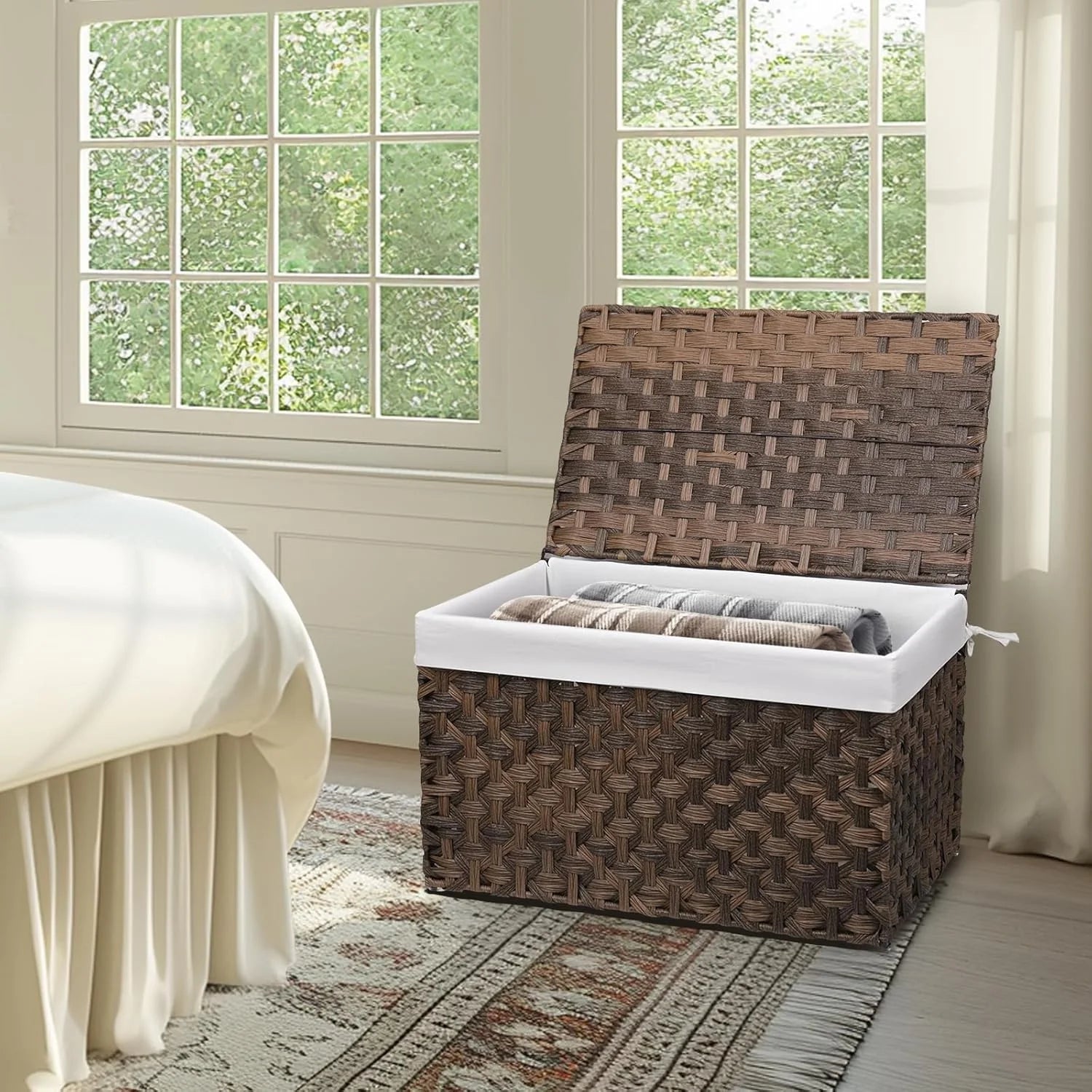 Wicker Storage Basket with Lid, 105L, Foldable, Brown K7m