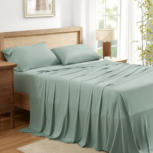 Queen Sheets Set, Cooling Bamboo Bedding, Deep Pocket, Dark Green K7