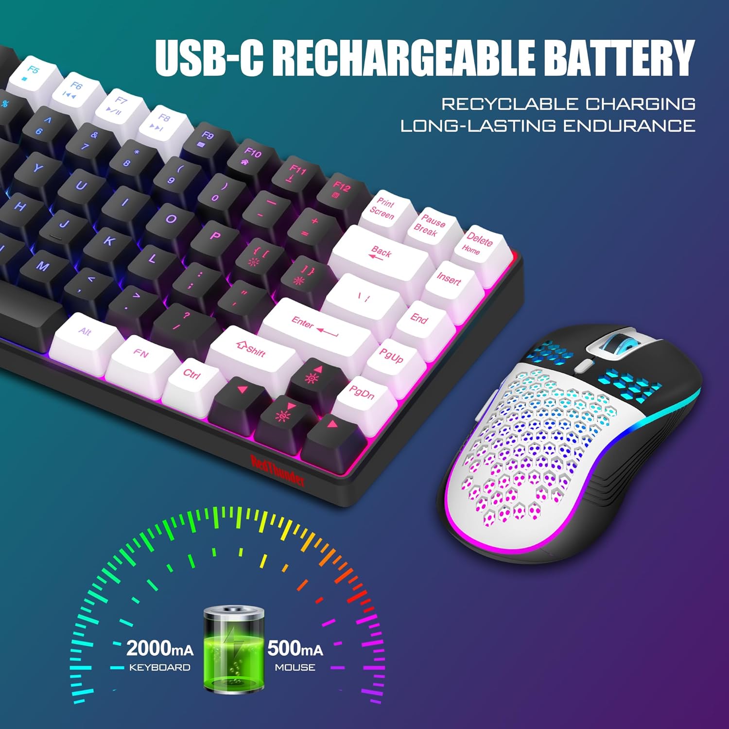 Wireless Keyboard Mouse Combo, Rainbow Backlit Rechargeable, TKL Ultra Compact Gaming Set a7