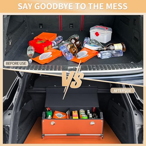 Car Organizer Trunk, Collapsible Leather with Lid, Auto Cargo Storage a7