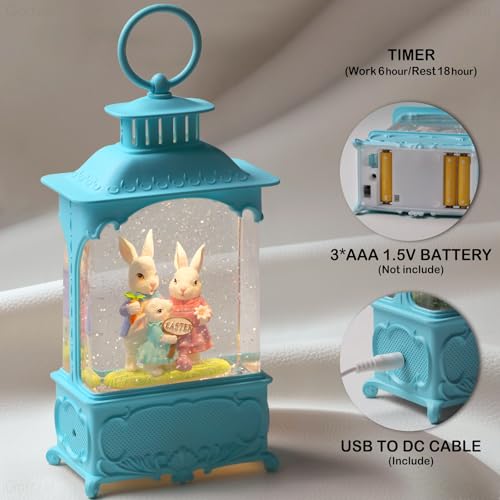 Easter Snow Globe Lantern with Timer Swirling Glitter, Indoor Decor A7
