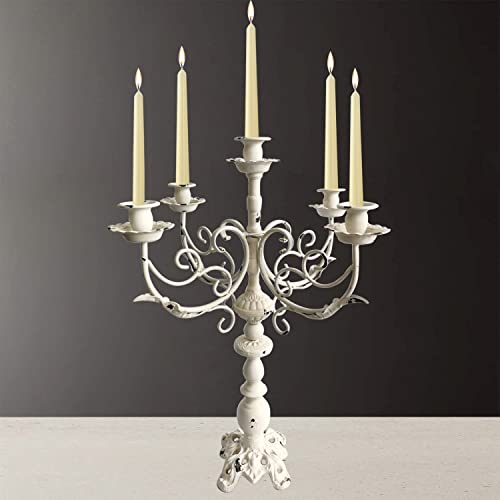 Cast Iron Candlestick Holders - Vintage Metal Candelabra - Candlestick Holders for 1/2-1 inch Taper Candles, 5 Arms Candle Holders 17Inch Tall (Vintage White)