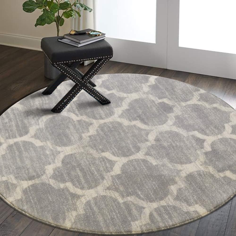 Moroccan Round Area Rug 3ft Faux Wool Non-Slip Gray k7