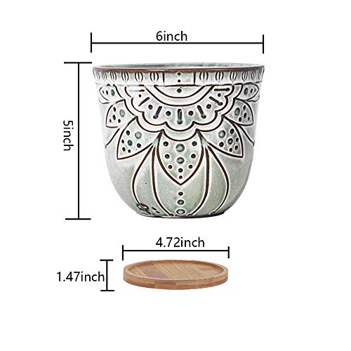 Retro Ceramic Planter Pot with Bamboo Tray, Set of 2 k7