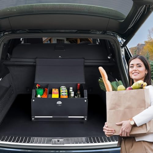 Car Organizer Trunk, Collapsible Leather with Lid, Auto Cargo Storage a7