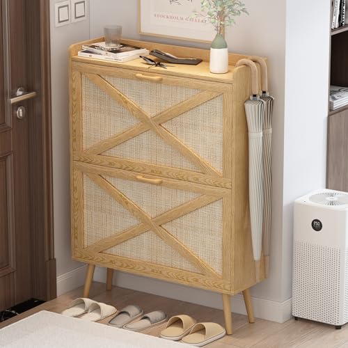 Rattan Shoe Cabinet with 2 Flip Drawers for Entryway k7