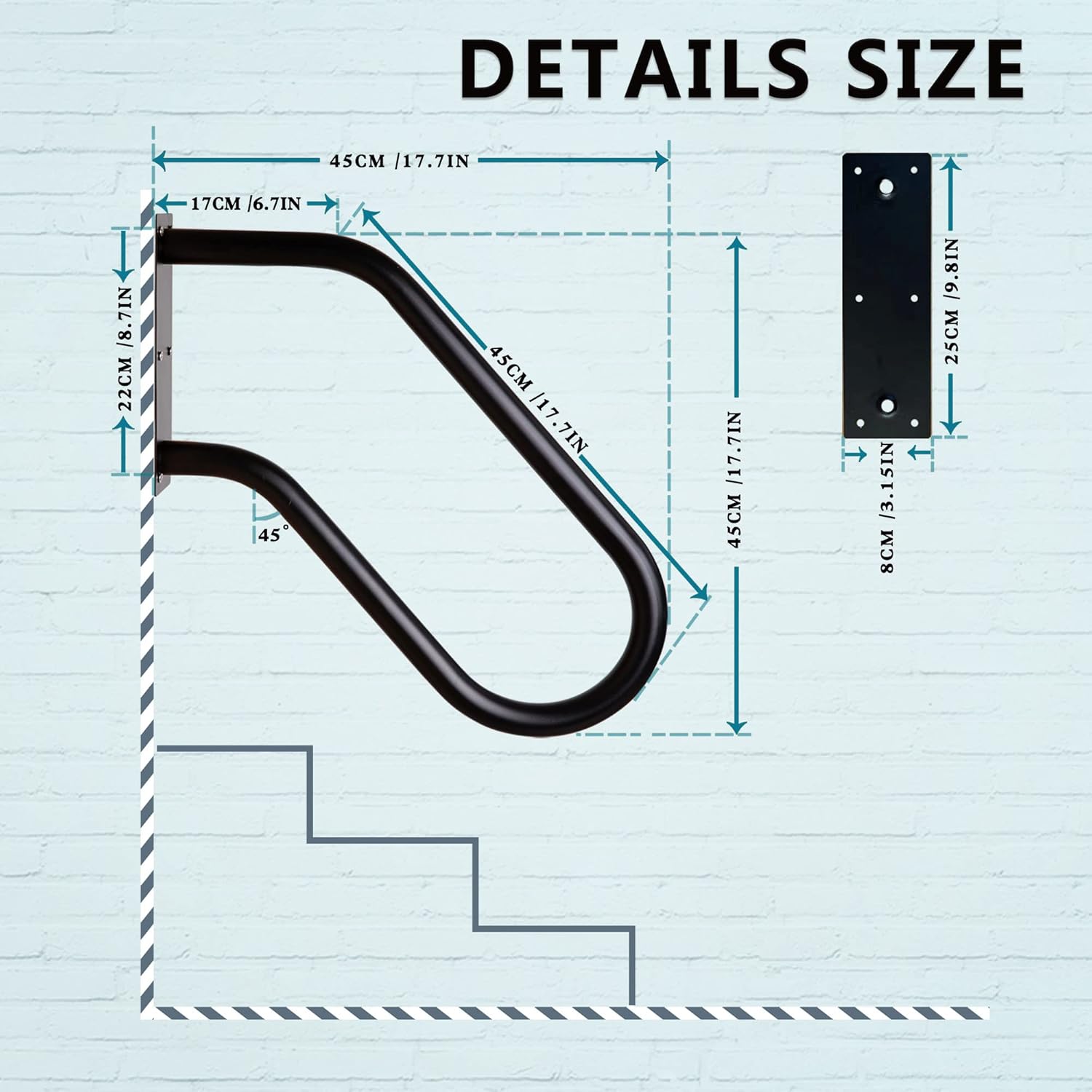 Outdoor Step Handrail 18.5ft Safety Grab Bar Wall Mounted U Shape 3k