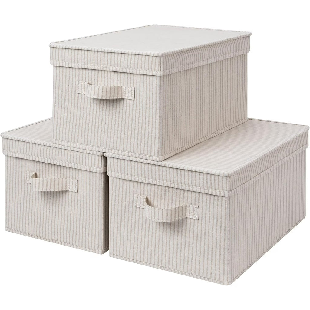 Storage Bins with Lid, Decorative Boxes with Soft Rope Handles, Foldable Baskets, Gray, Large, 3-Pack