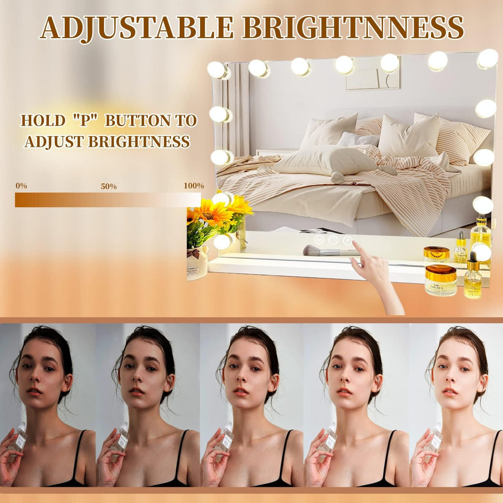 Lighted Vanity Mirror 15 Dimmable Bulbs 3 Color Modes Detachable 10x Magnification Off White k7