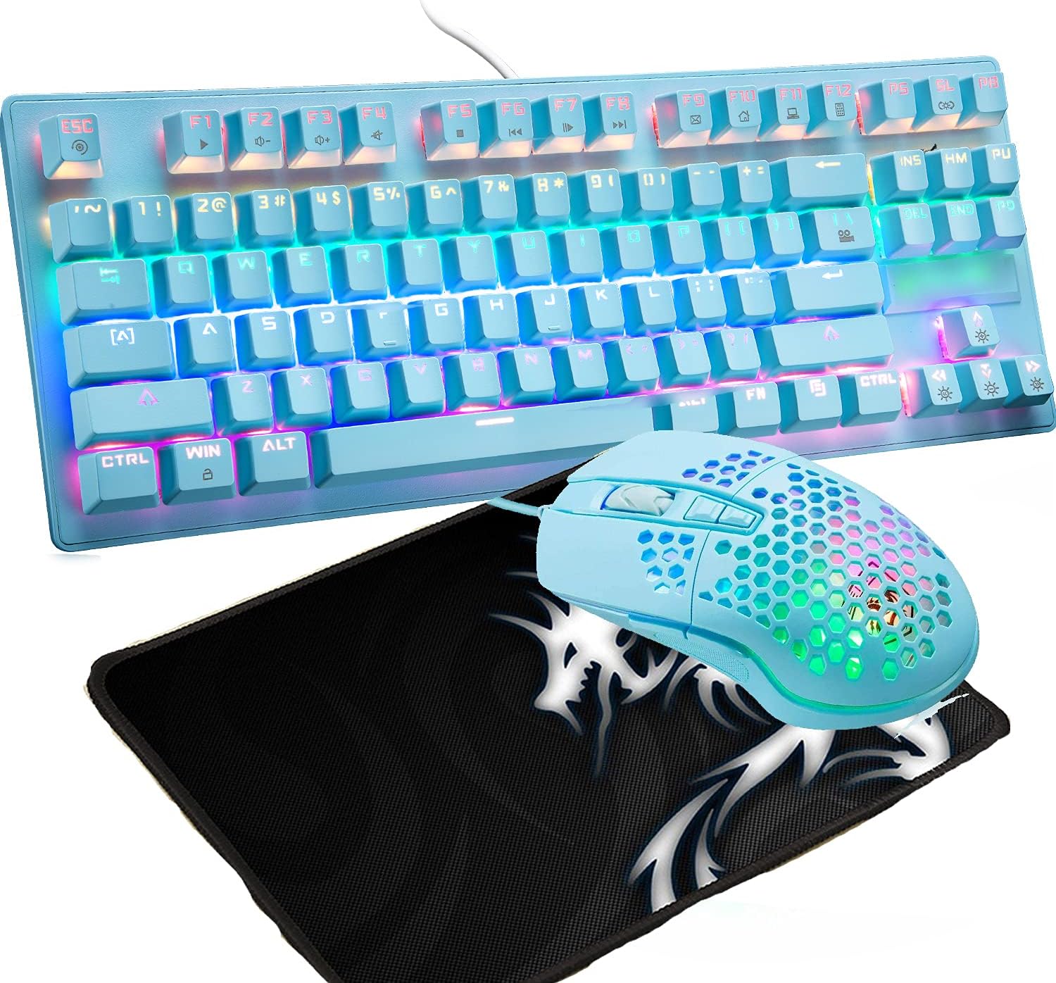 Wired Rainbow LED Backlit 87 Key Gaming Keyboard with Mouse and Pad k7