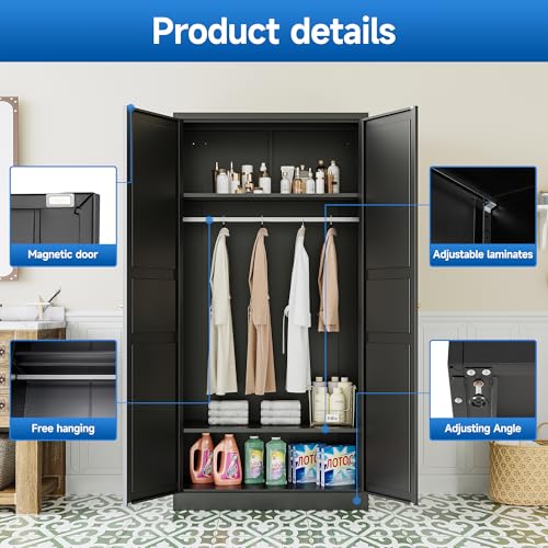 White Armoire Wardrobe Closet 71 inch Metal Storage Cabinets 2 Doors 2 Shelves k7