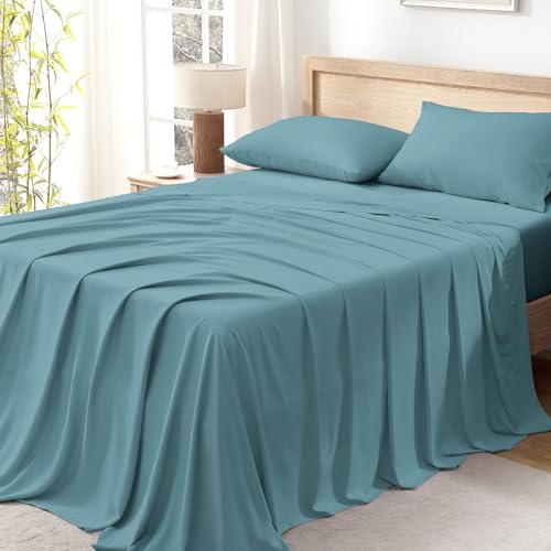 Queen Sheets Set, Cooling Bamboo Bedding, Deep Pocket, Dark Green K7