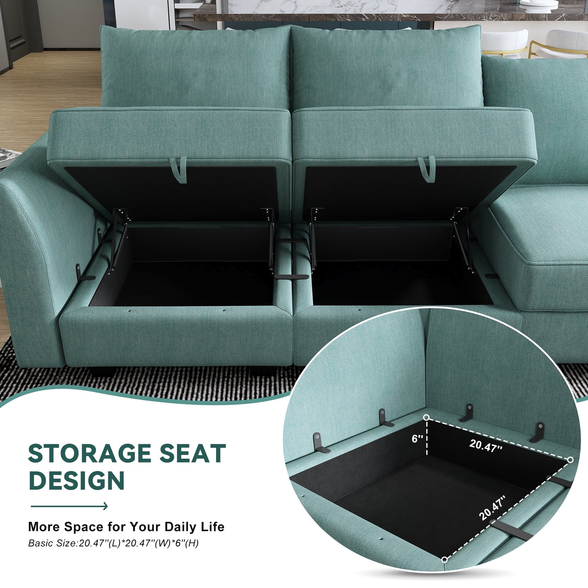 Modern Convertible Fabric Sleeper Sectional Sofa Bed with Storage Ottomans Aqua Blue k7